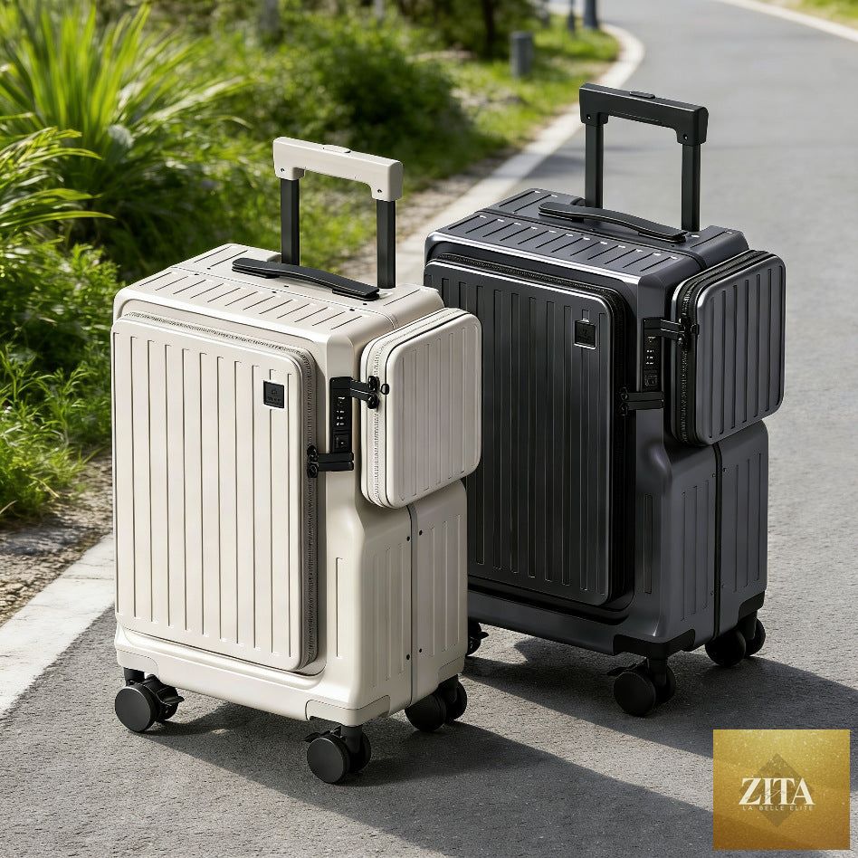 Front-opening 20-inch carry-on suitcase by Social Buzz eSIMs with a hard shell and telescopic handle for easy travel.