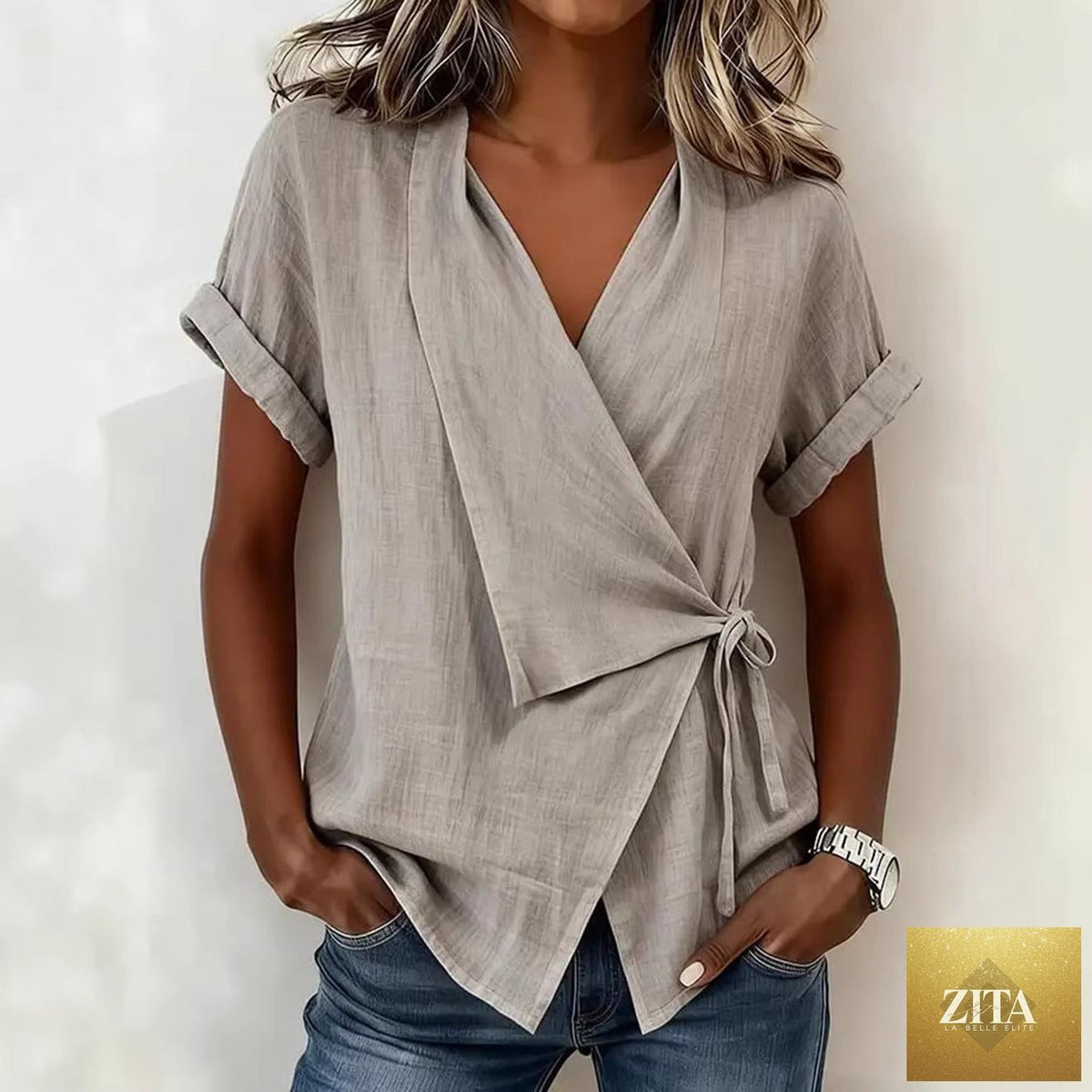 Women's casual linen top with lapel collar and lace-up front, short sleeves, by Zita La Belle Elite.