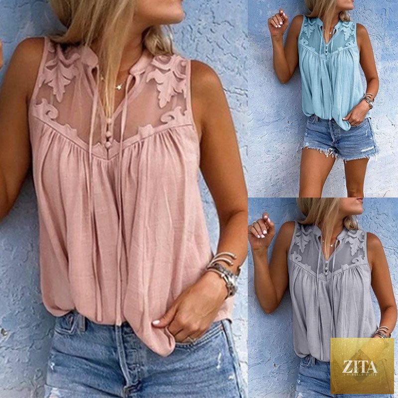 Zita La Belle Elite chiffon patchwork lace V-neck sleeveless top in silk chiffon, casualwear with delicate lace details.