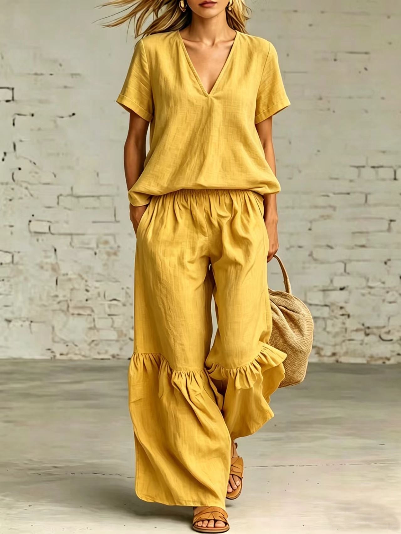 FitiqueFit casualwear V-neck loose short-sleeve top and pants set in multiple colors, shown in a relaxed fit style.