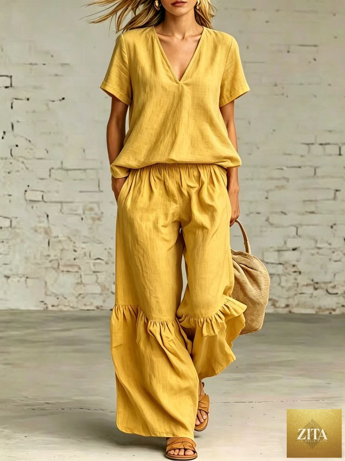Zita La Belle Elite casual V-neck loose short-sleeve top and pants set in various colors, available in sizes S to 5XL.