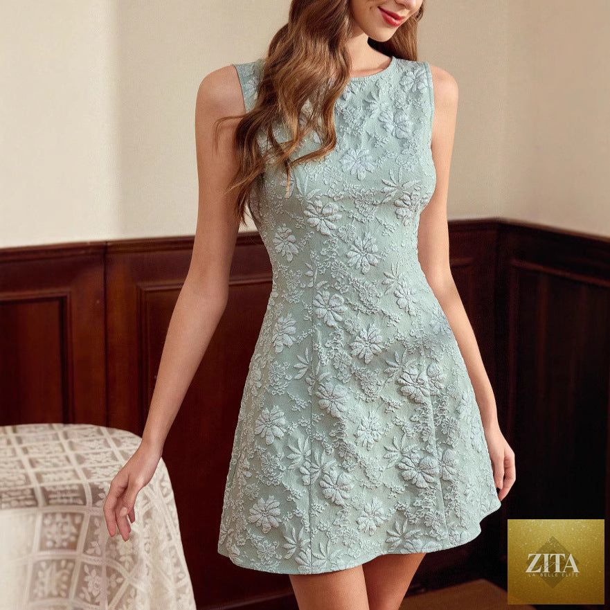 Women's sleeveless jacquard midi dress by Zita La Belle Elite with a slim fit, minimalist French style, shown in a neutral tone.