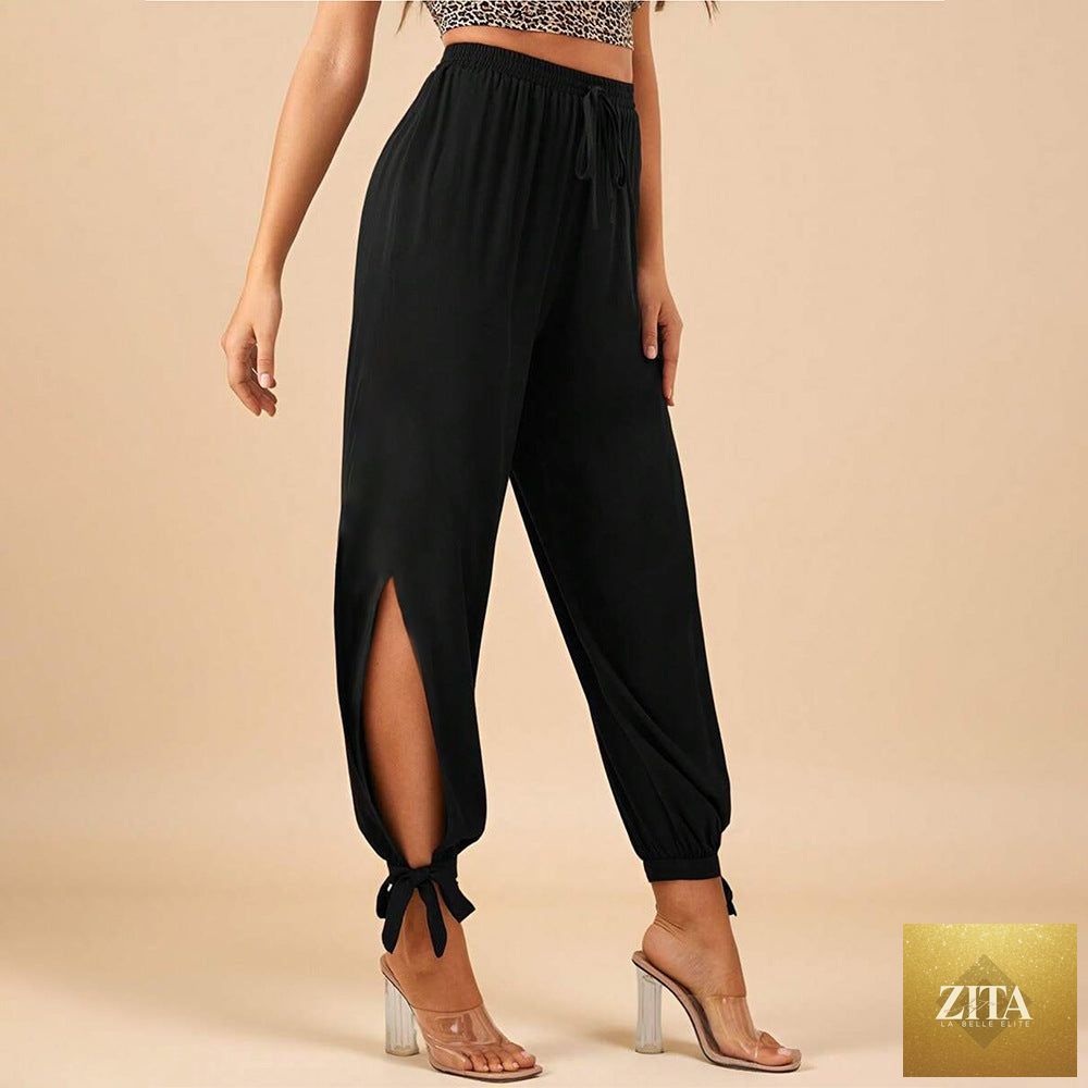 Black High-waisted Drawstring Split-leg Tie-cuff Casual Pants