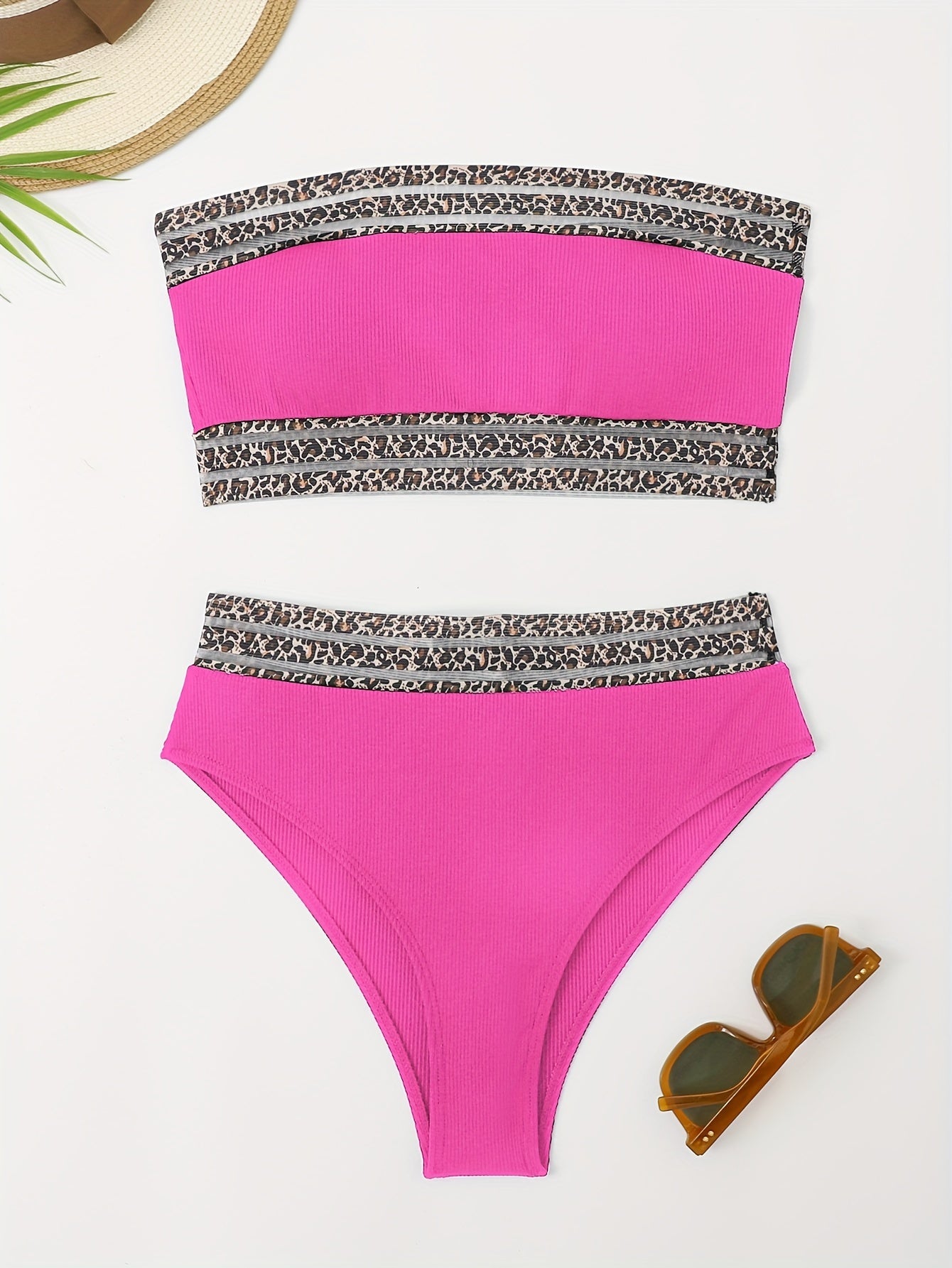 Stevvex leopard print high waist bikini set with mesh details, featuring a bandeau top and matching bikini bottoms for summer beachwear.