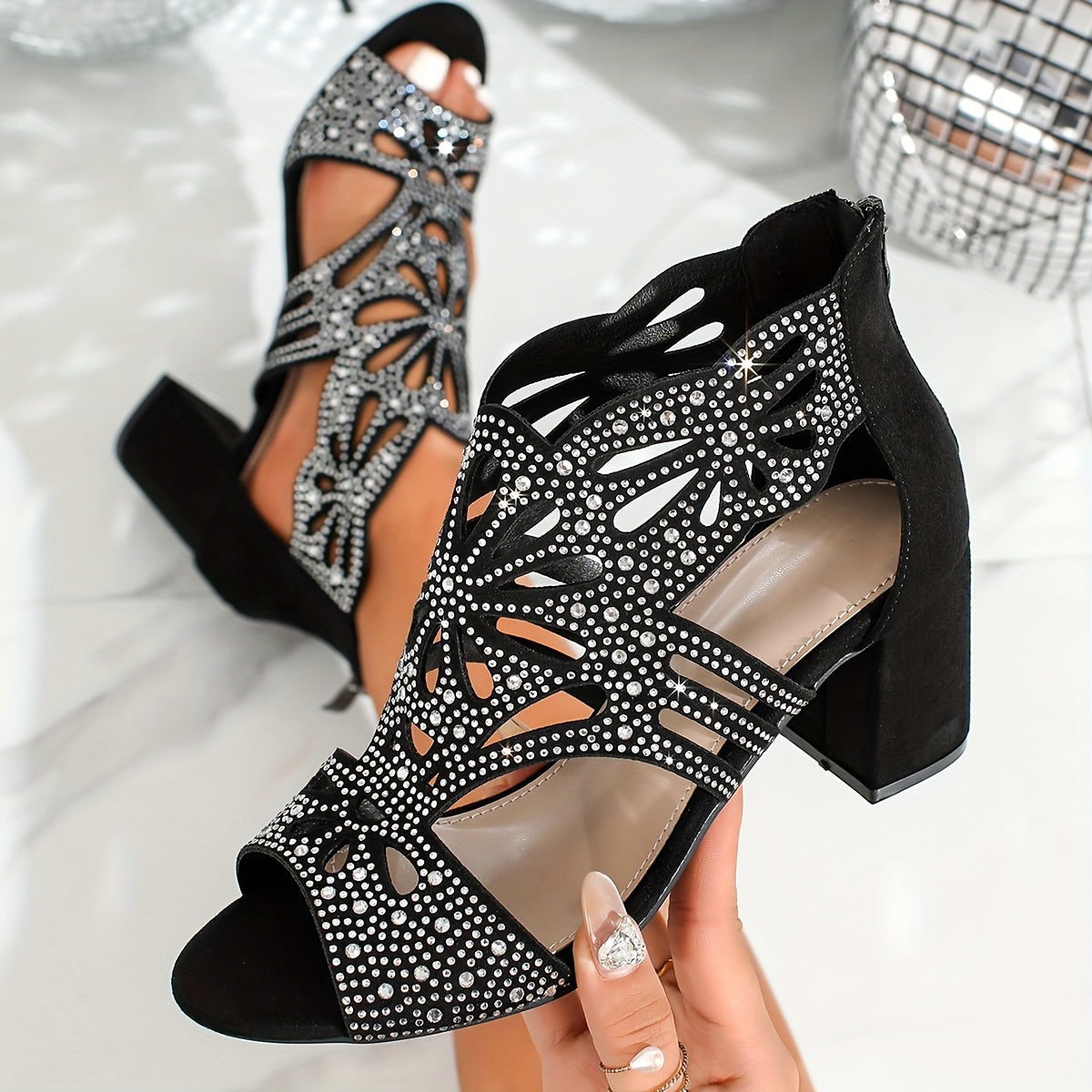 Elegant Formal Black Floral Cut Out Heels Sandals