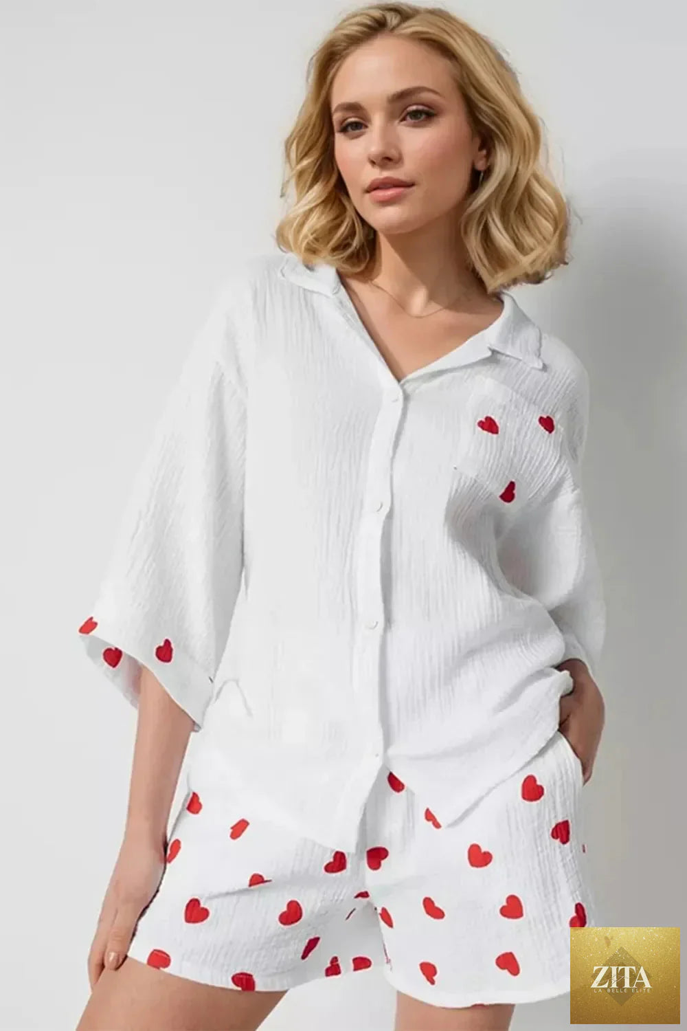ShopBasicbae basic Bae heart collared neck button down top and shorts set, casual summer outfit, featuring a heart design.