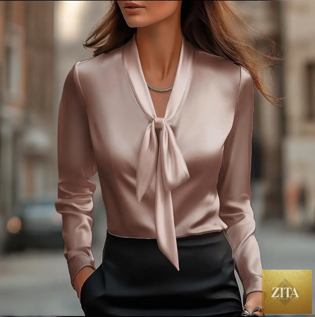 FitiqueFit satin ribbon blouse with long sleeves, button-down casual work shirt, elegant and stylish for professional or casual wear.
