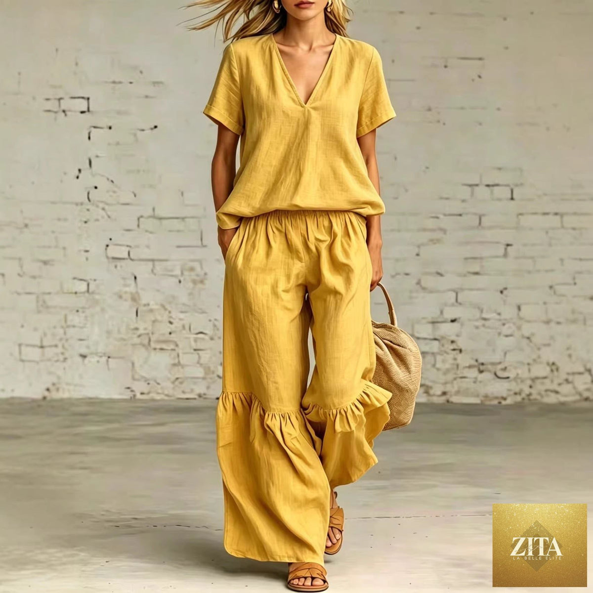 Zita La Belle Elite casual V-neck loose short-sleeve top and pants set in various colors, front view, size S to 5XL