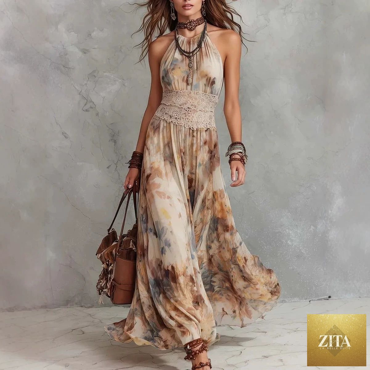 Women's strapless backless floral maxi dress by FitiqueFit featuring a vintage fairy skirt design, perfect for beach or summer wear.