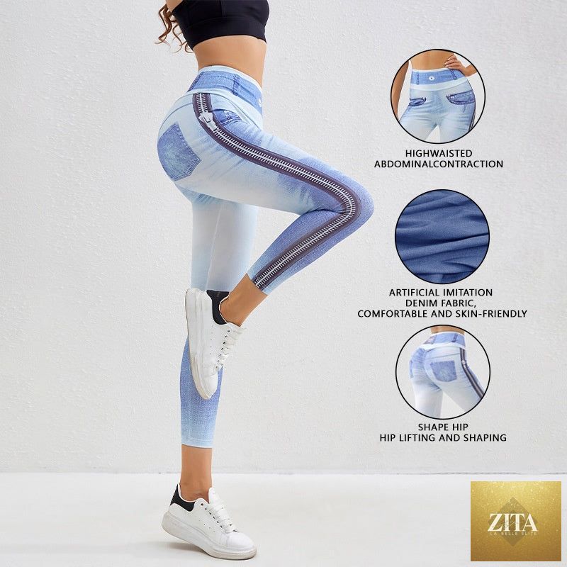 Peach-colored denim-look yoga leggings by FitiqueFit, slim fit fitness workout pants for comfortable active wear.