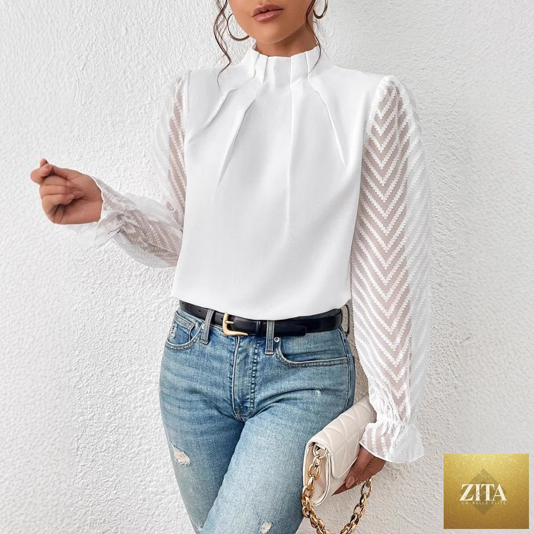 Women's chiffon blouse by FitiqueFit with wave pattern, sheer long sleeves, mock neck, and ruffle cuffs.
