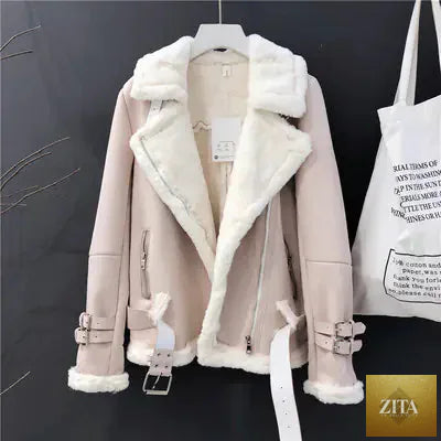 Zita La Belle Elite women's winter lamb wool jacket with thick suede leather motorcycle coat design, warm and stylish outerwear.