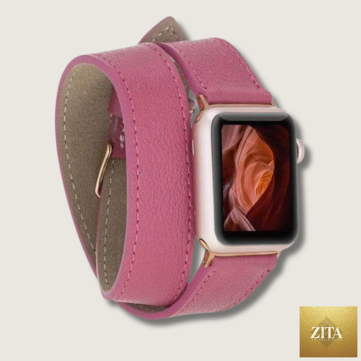 Luxury dark pink leather Apple Watch band with double wrap style by LEATHERE, designed for a stylish and comfortable fit.