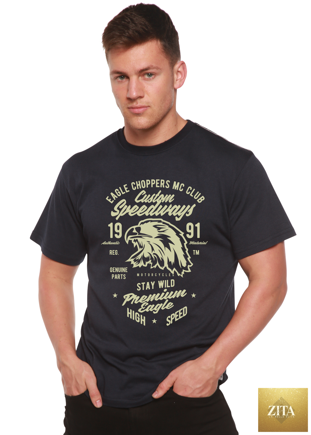 Spun Bamboo Custom Speedways Eagle men's short sleeve graphic T-shirt made of bamboo viscose and organic cotton.
