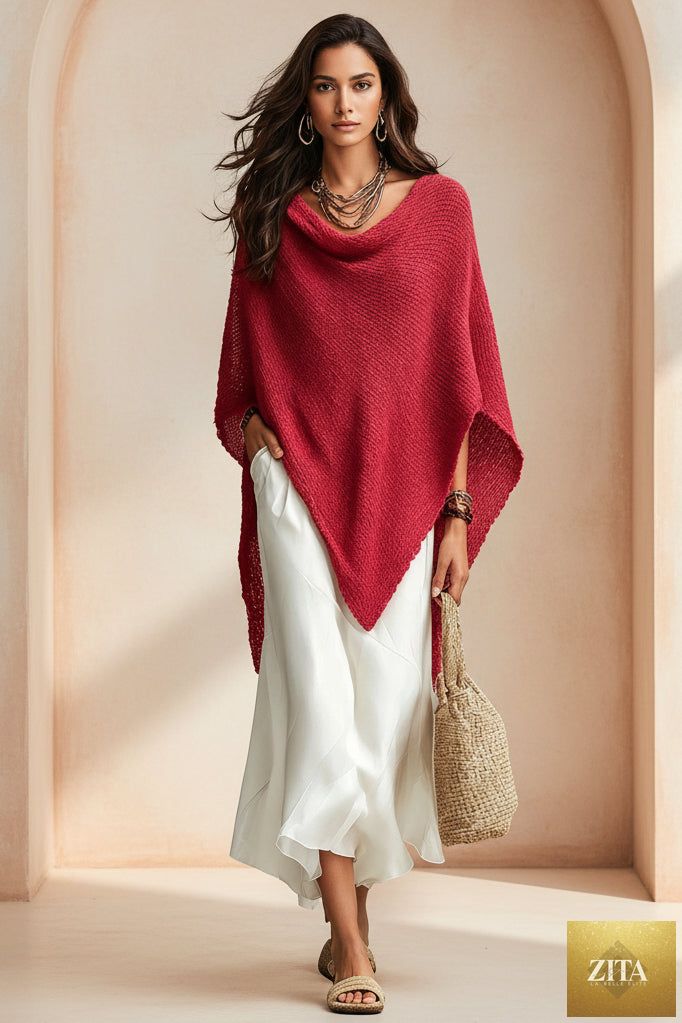 Women's Open-Knit Asymmetric Cape & Ruched V-Neck Fluid Maxi Dress Set