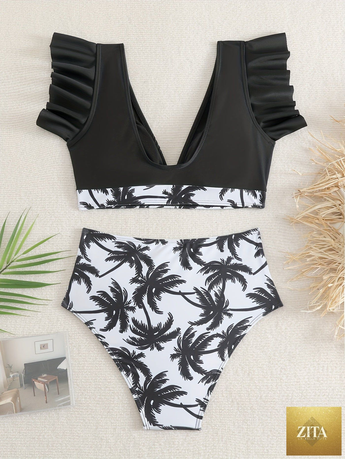 Black solid color bikini set with ruffle V-neck top and high-waisted lettuce trim bottoms, made of stretchy swim fabric for women.