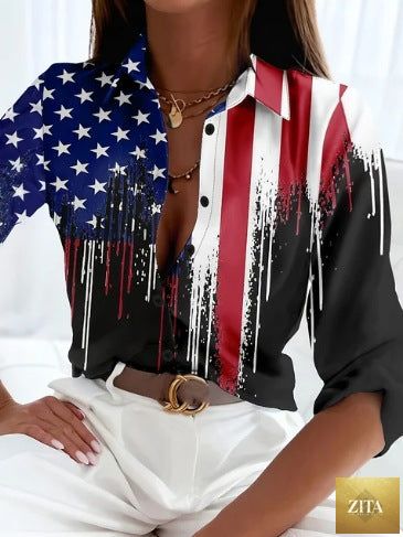 Women’s stripe print long-sleeve blouse by FitiqueFit, casualwear top with vertical stripe pattern and relaxed fit.