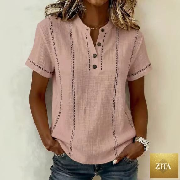 LadyShow.Store summer striped short-sleeve blouse with stand collar, V-neck, and button front, casual women's clothing.