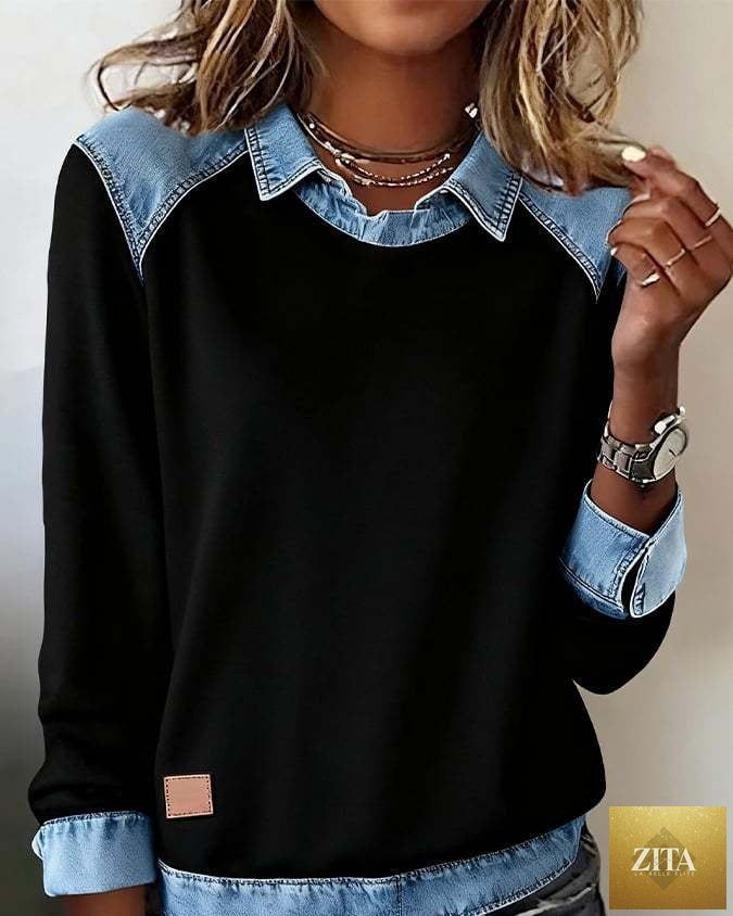 Women's casual denim collar patchwork pullover knitwear top by FitiqueFit, featuring a stylish streetwear design with patchwork details.