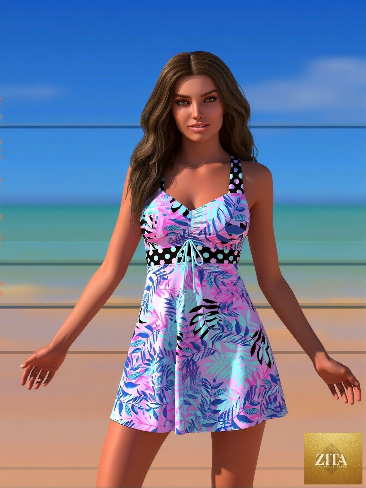 Women's high-neck tankini swimsuit with adjustable straps in plus size from Zita La Belle Elite, featuring a modest, supportive swimwear design.