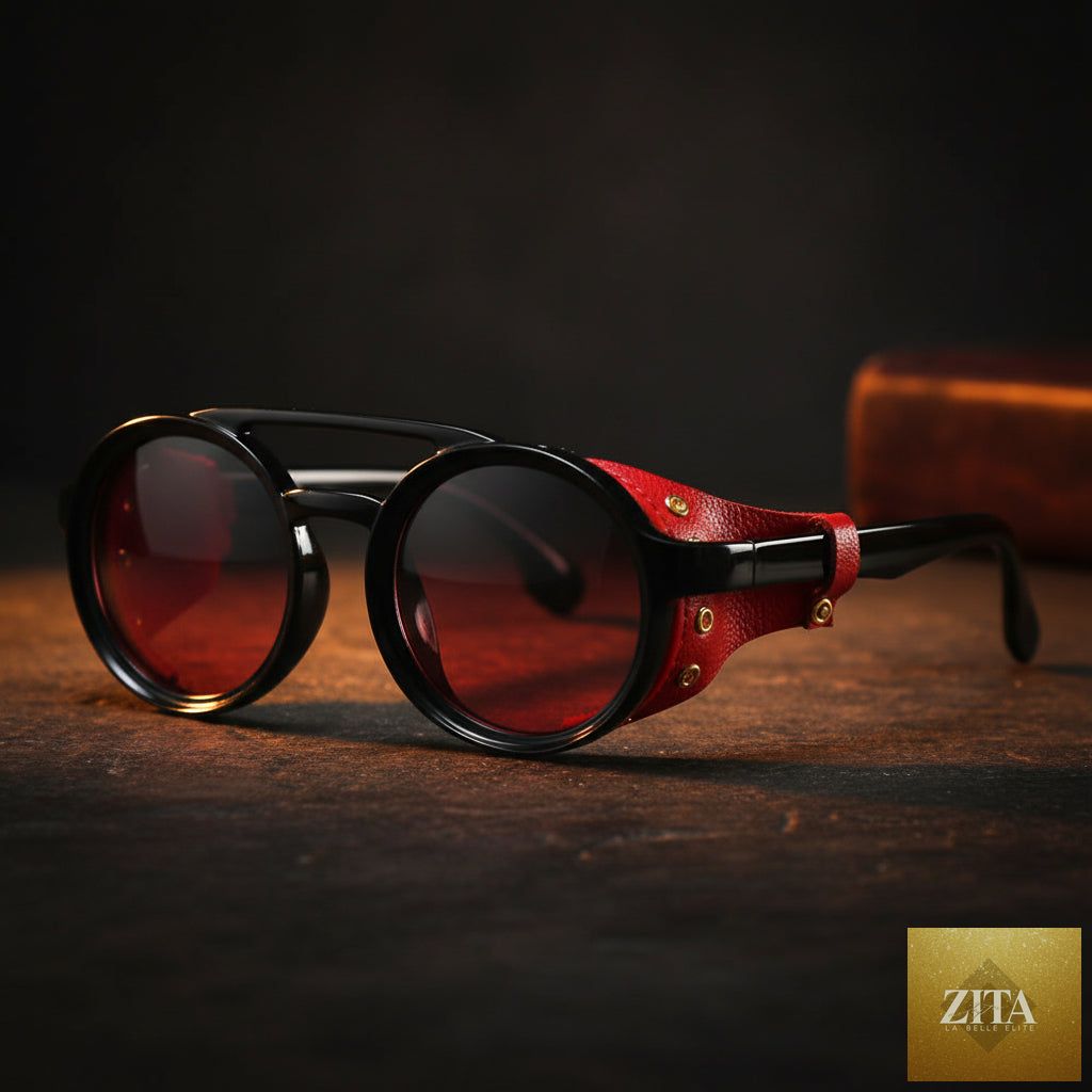Retro round leather frame sunglasses by FitiqueFit featuring vintage style eyewear with dark lenses and classic leather accents.