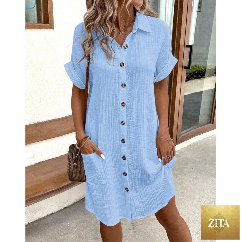Women's cotton linen shirt dress with V-neck, button-front, and A-line silhouette from Zita La Belle Elite.