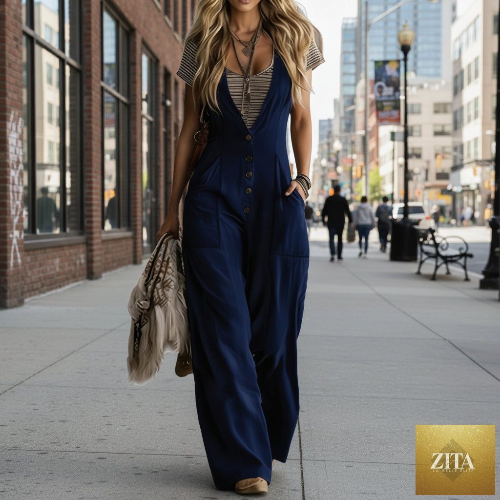 Zita La Belle Elite sleeveless wide-leg jumpsuit with two pockets in four colors, relaxed fit, and flowy fabric.