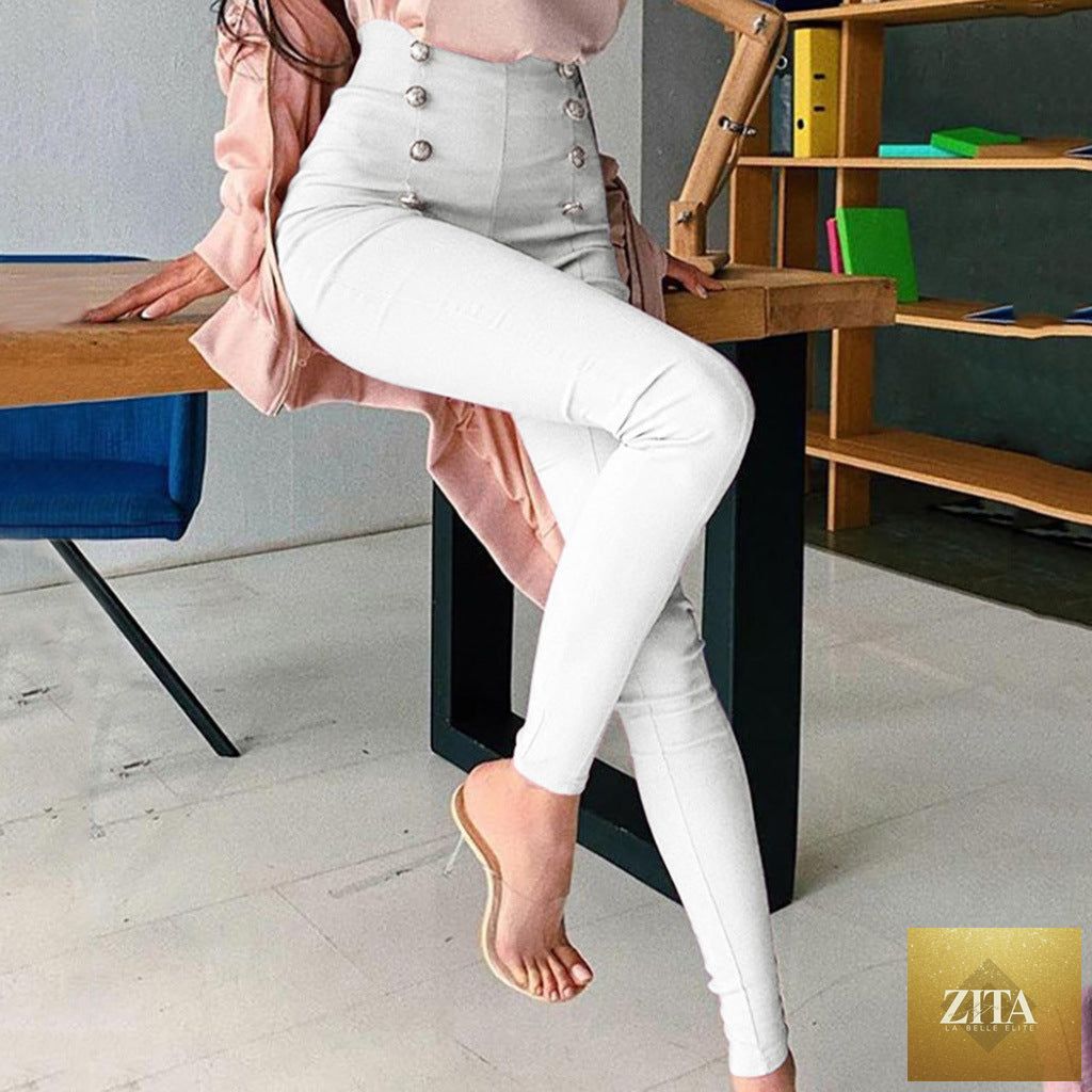 Women's high-waisted casual pants with European and American patchwork, featuring stylish design and comfortable fit.