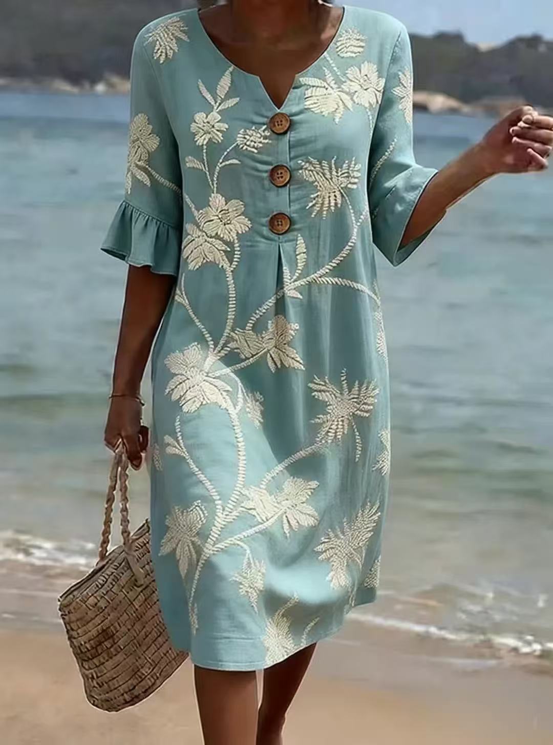 Women's casual FitiqueFit resort V-neck dress with coconut print, loose fit, three-quarter sleeves, perfect for summer outings.
