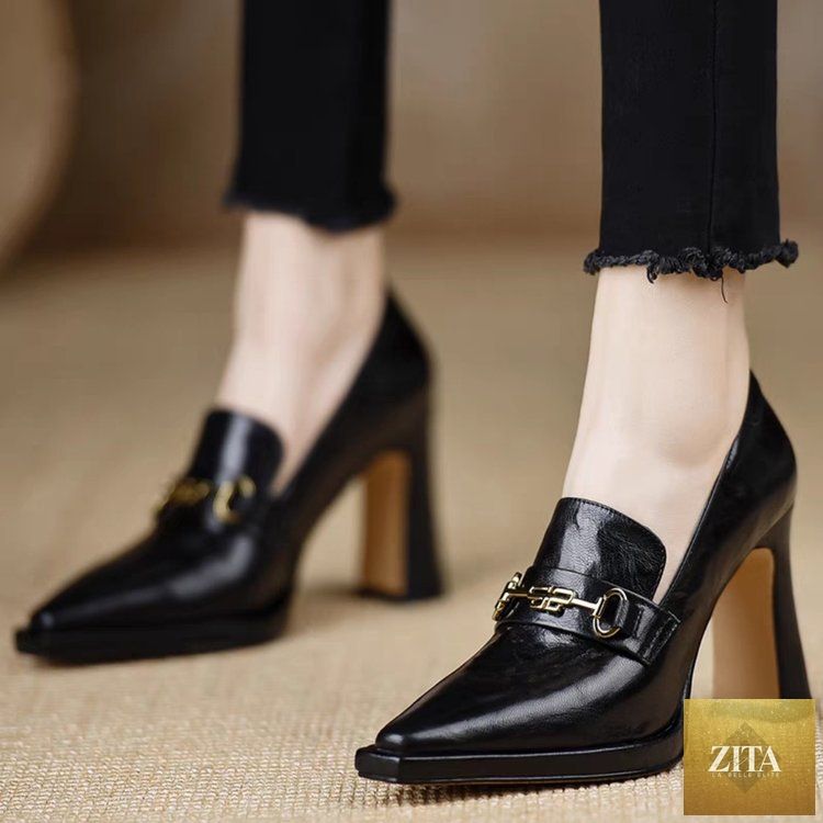 Women's retro chunky heel pointed toe pumps by Zita La Belle Elite, slip-on office footwear with stylish design.