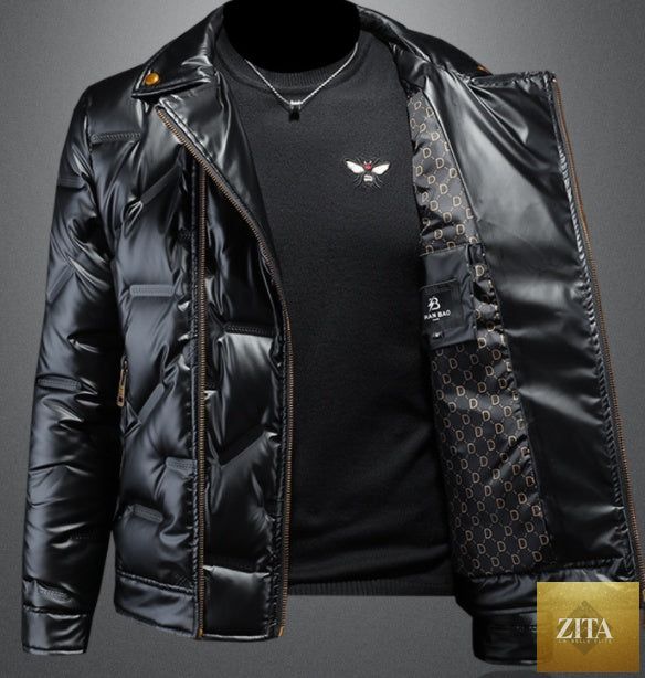 White men's down jacket with shiny suit collar, made with duck down insulation, from Zita La Belle Elite.