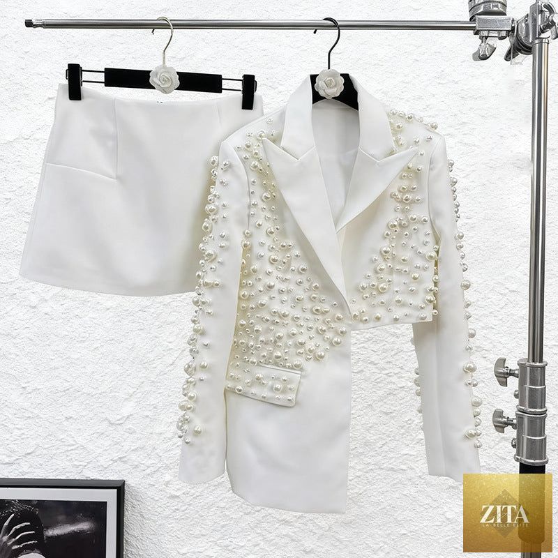 Zita La Belle Elite women's beaded blazer and skirt set with deep V-neck, heavy detailing, stylish outfit for fashionable women.