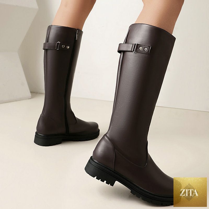 Zita La Belle Elite women's retro British-style riding boots with leather belt buckle, knee-high design, and classic leather finish.