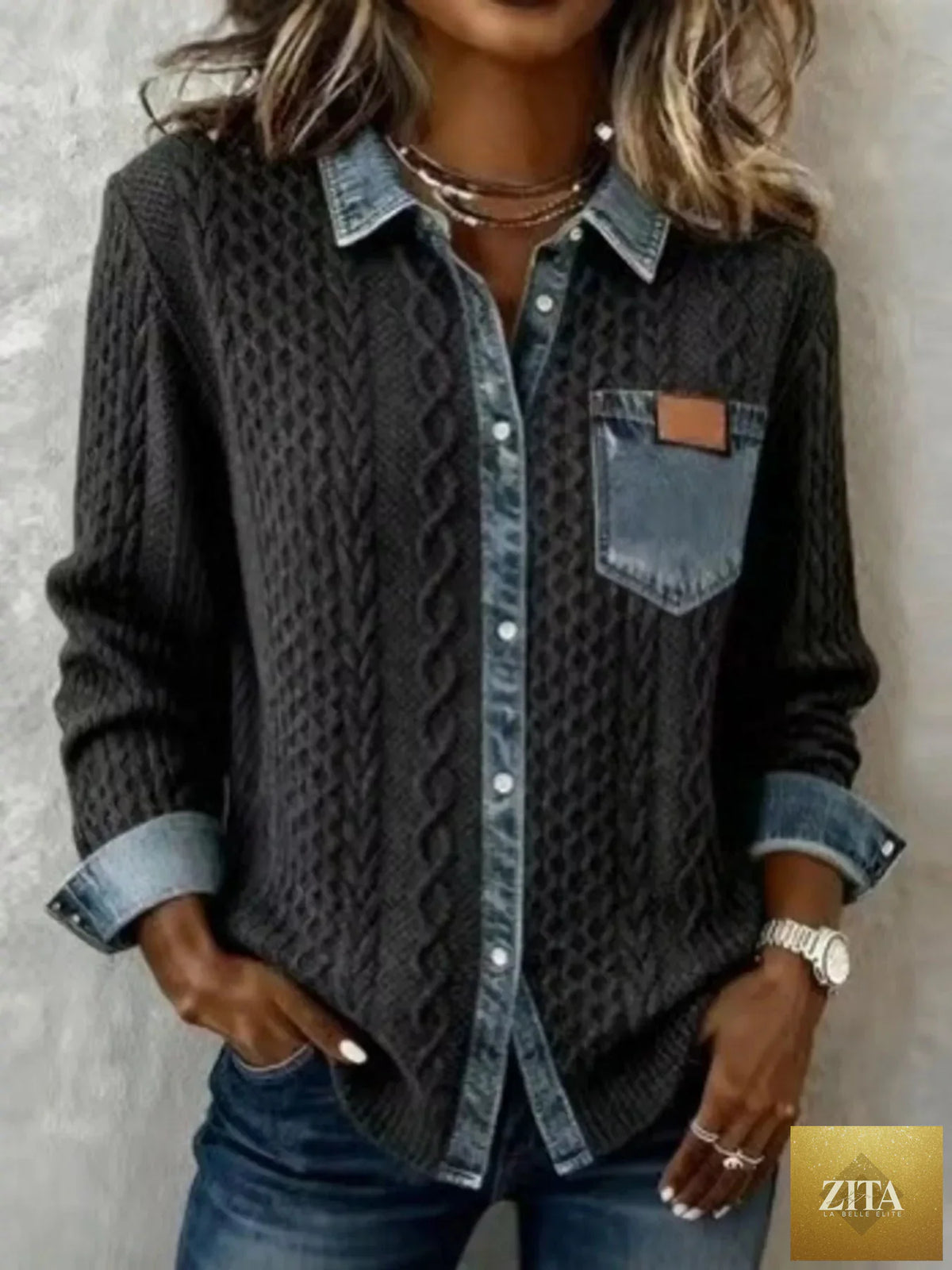 Denim Trim Cable Knit Cardigan