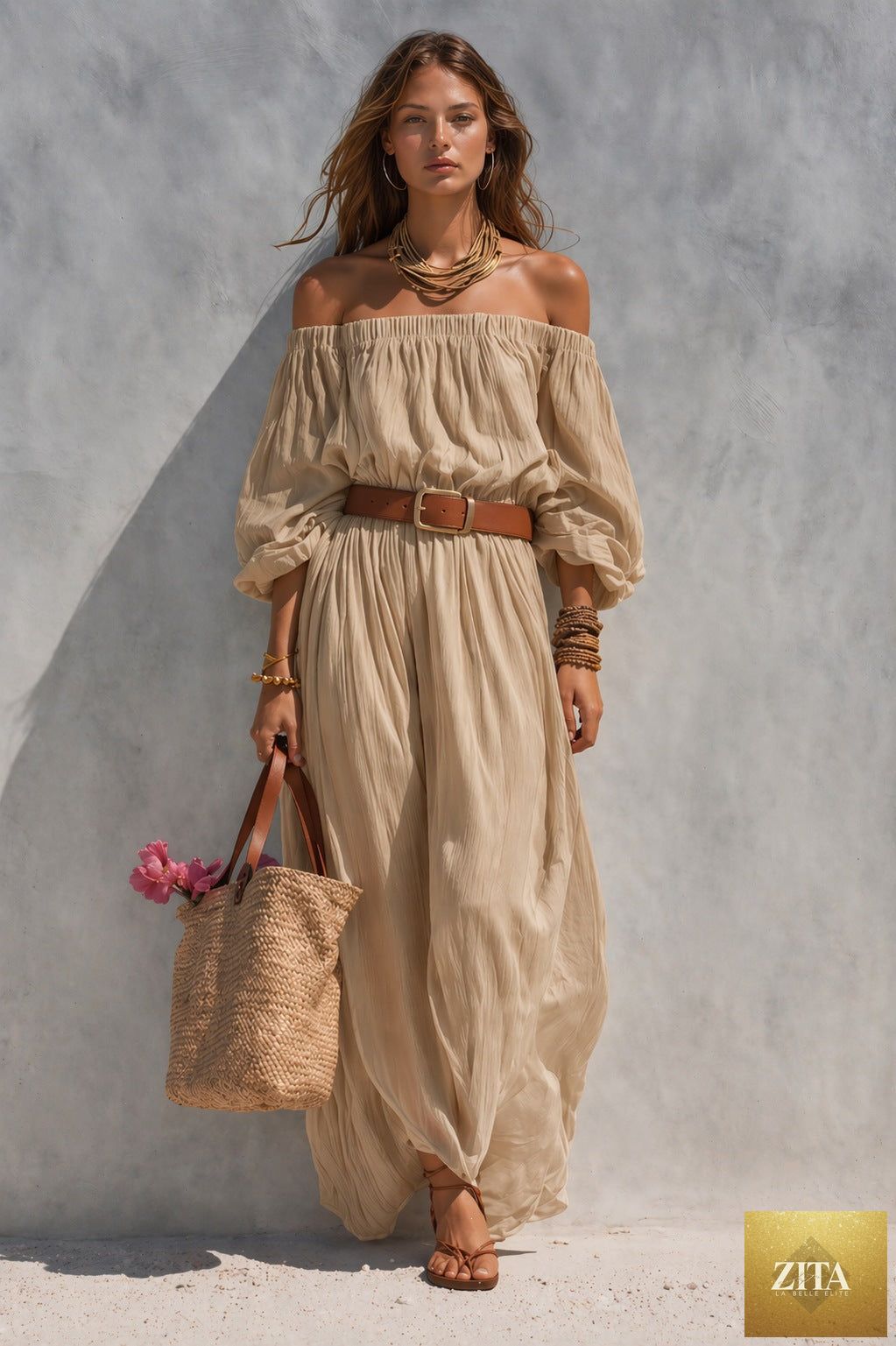 Women's off-shoulder balloon sleeve maxi dress by MERIDGE, featuring flowing fabric and a stylish off-shoulder neckline.