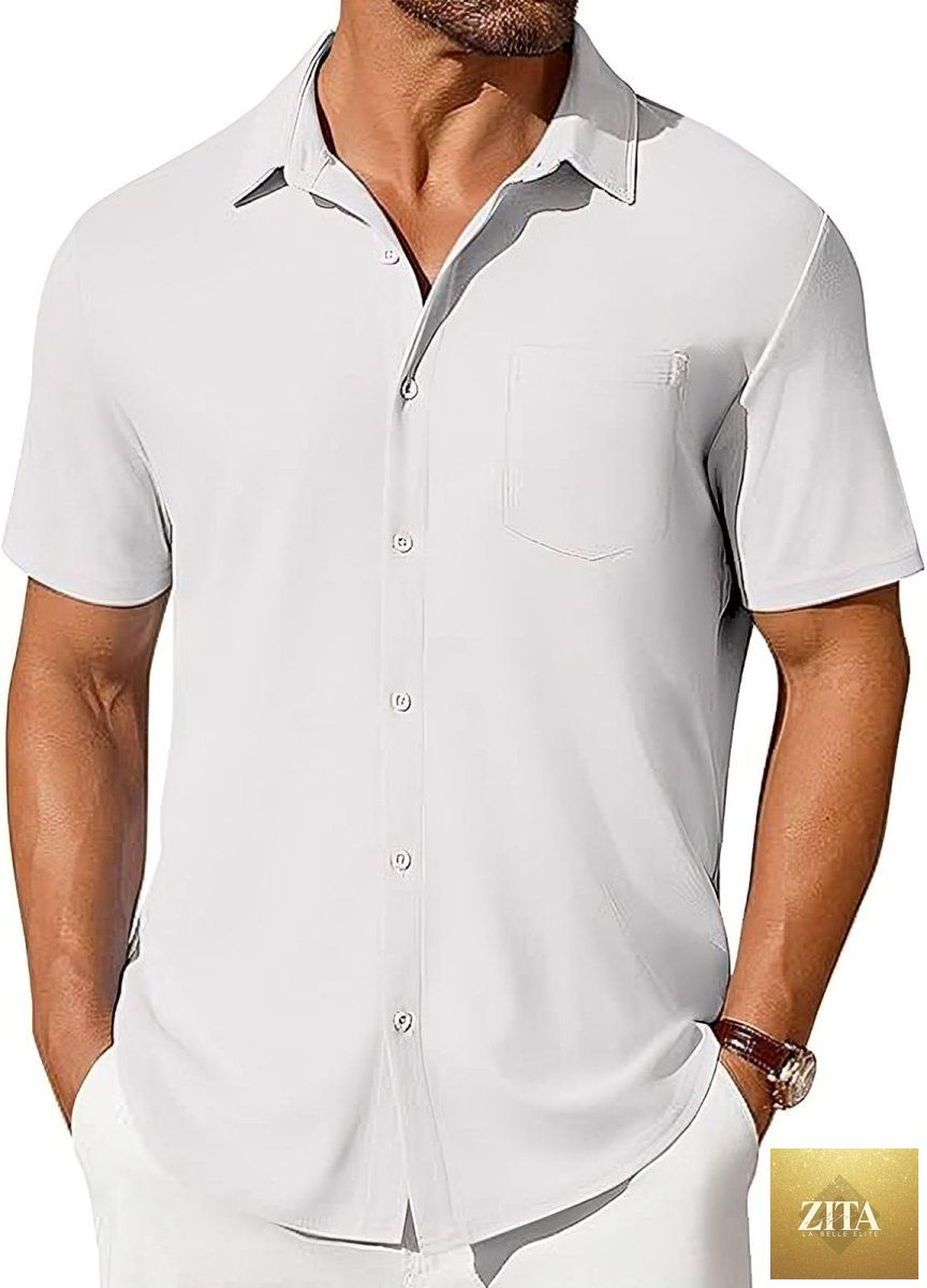 Mandotos men's short-sleeve button-up shirt with wrinkle- and crease-resistant fabric, shown in a casual fit.