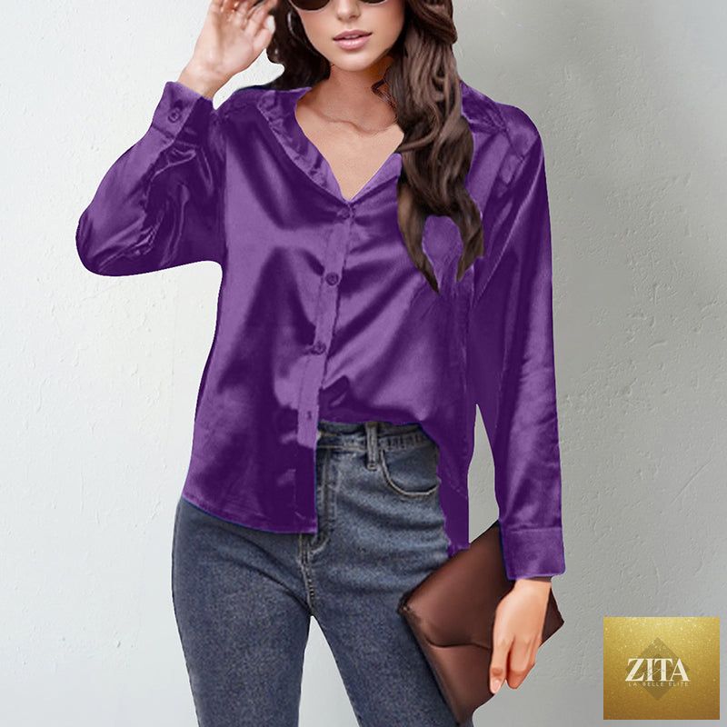 Women’s satin lapel button-down blouse by FitiqueFit, casualwear style, shown with front view highlighting satin fabric and button details.