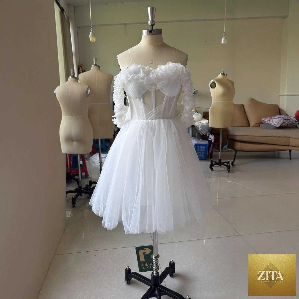 Lace off-shoulder mini wedding dress with fitted bodice and flared skirt, elegant bridal gown from My Store.