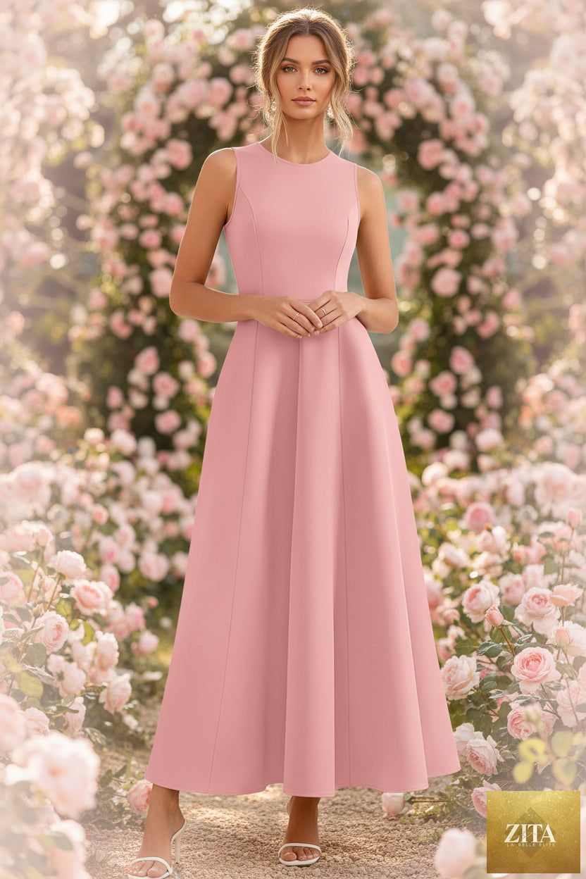 Women's slim-fit long vest dress by Zita La Belle Elite, sleeveless A-line high-waist casualwear, shown in a natural fabric and fit.