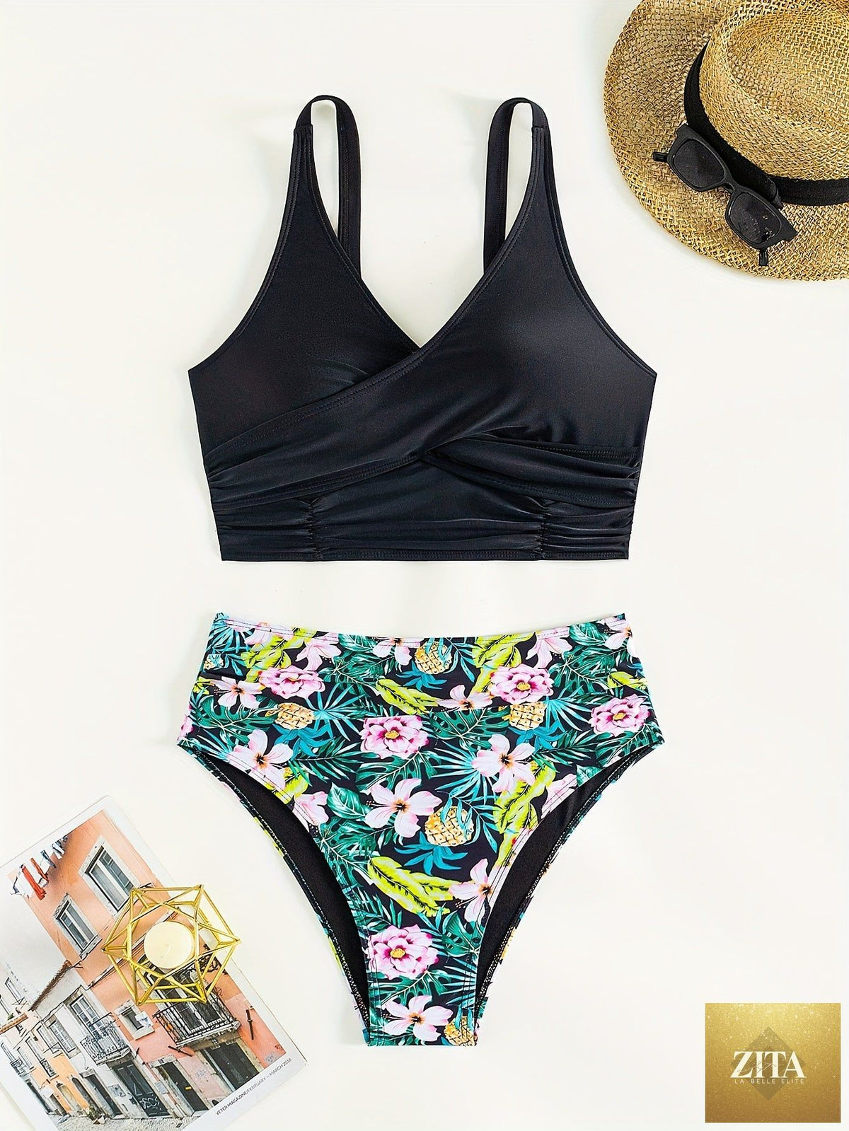 Black Stevvex bikini set with twist front, high waist, v-neck, cross straps, and ruched tummy control for summer beachwear.
