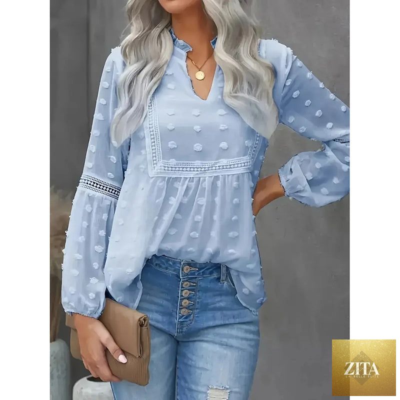 Women’s long-sleeve V-neck business casual blouse by FitiqueFit, shown in a relaxed fit casualwear style.