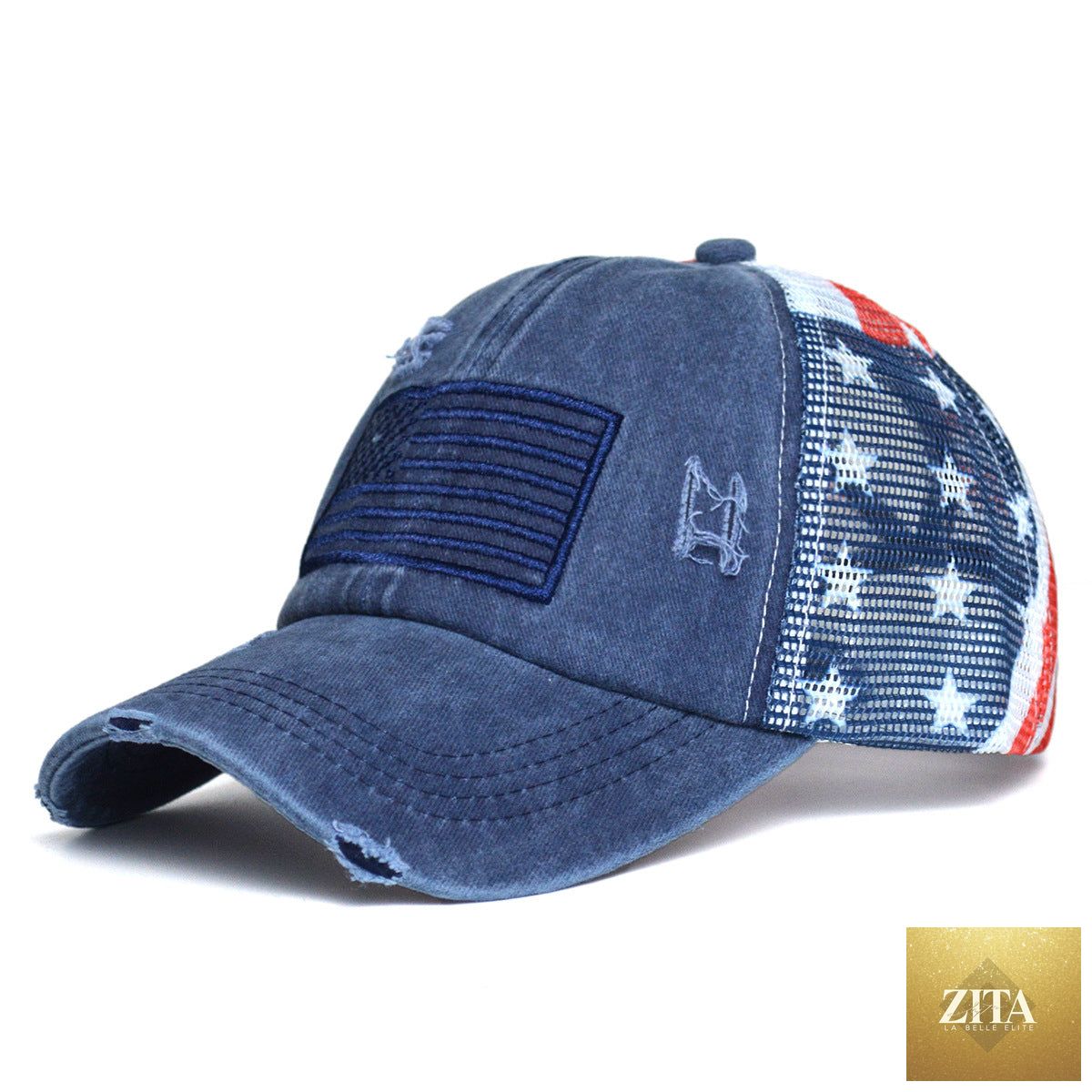 Women's embroidered baseball cap with ripped design and breathable polyester dome top by Zita La Belle Elite.