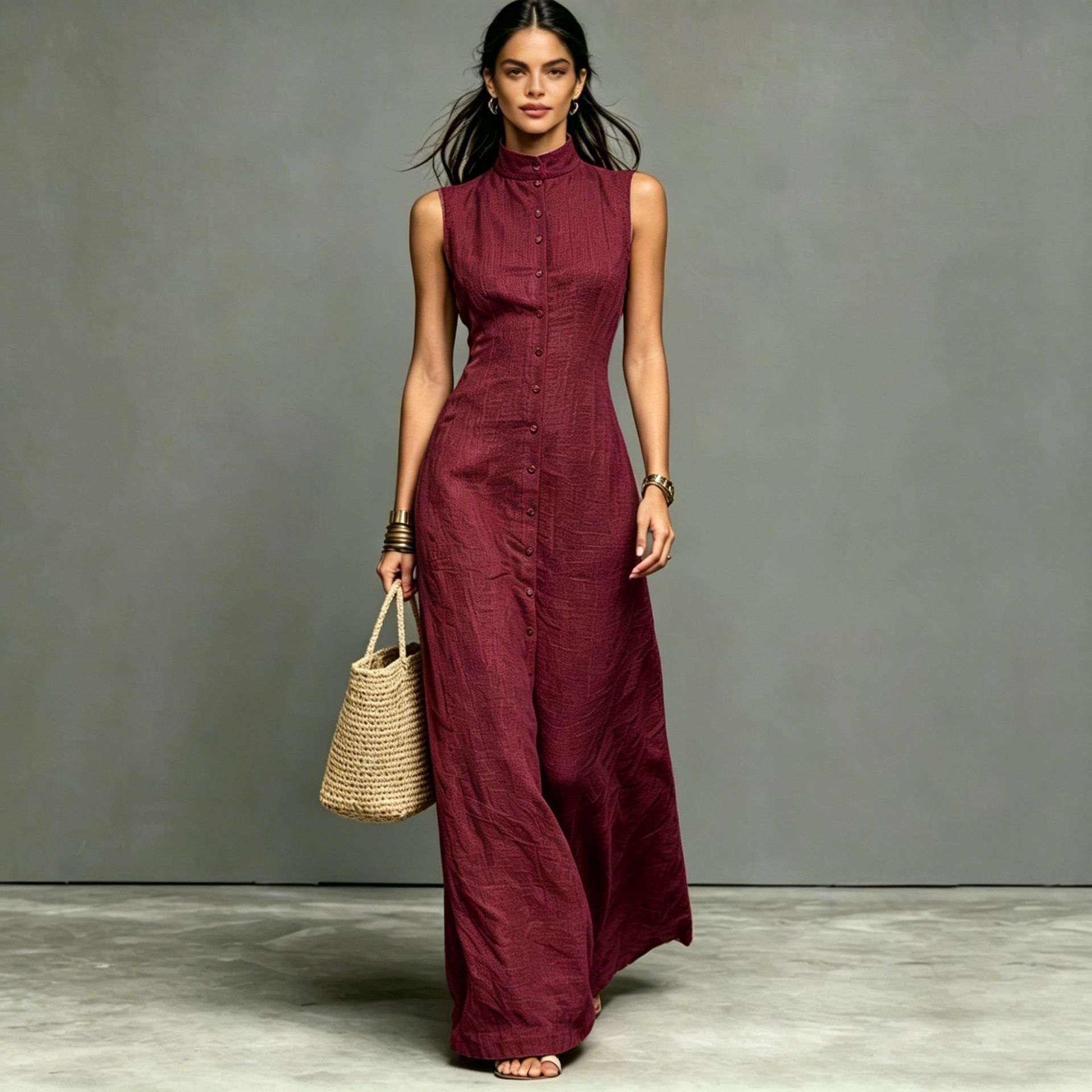 Women's sleeveless midi dress with stand collar and single-breasted design from FitiqueFit, casualwear style, shown on a model.
