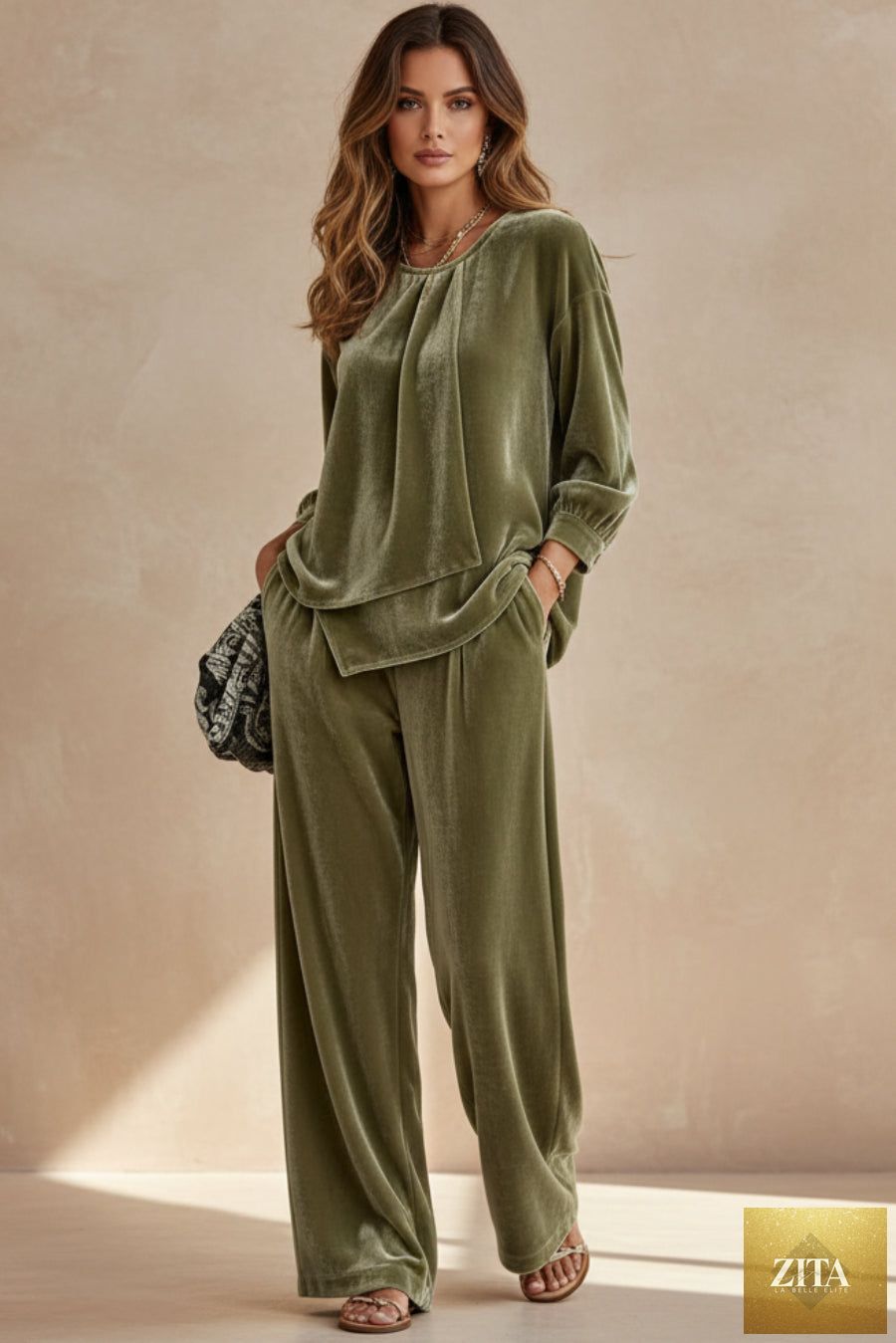 Women's Velvet Center-Pleat Relaxed Top & Wide-Leg Pants Set