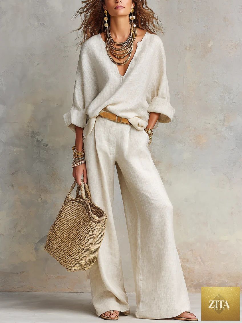 Zita La Belle Elite women's casual linen vacation set with three-quarter sleeve top and full-length pants, light and comfortable.