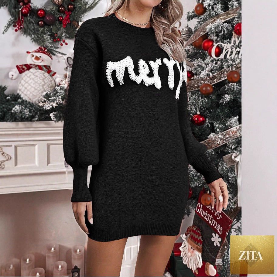 Women’s knitted round neck lantern-sleeve Christmas pullover by FitiqueFit, featuring a cozy, festive design and classic sheath fit.