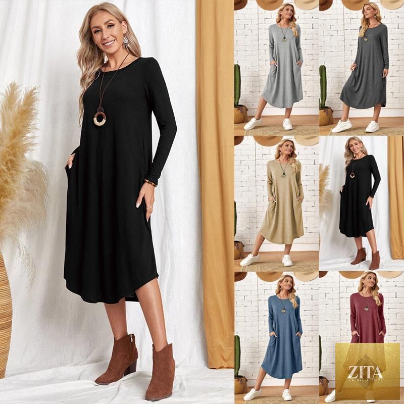 Women's cotton maxi dress by Zita La Belle Elite, solid color long sleeve A-line casual dress with pockets.