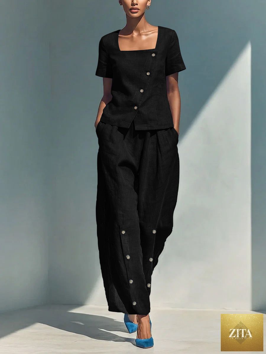 Plus size women's casualwear set by Zita La Belle Elite featuring a loose short-sleeve top and high-waist pants, styled for comfort.