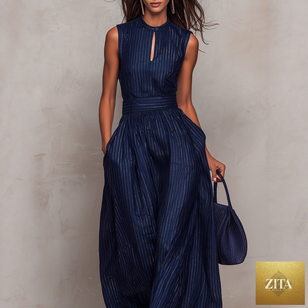 Women's sleeveless striped wide-leg jumpsuit with pockets by Zita La Belle Elite, casualwear, shown on a model.