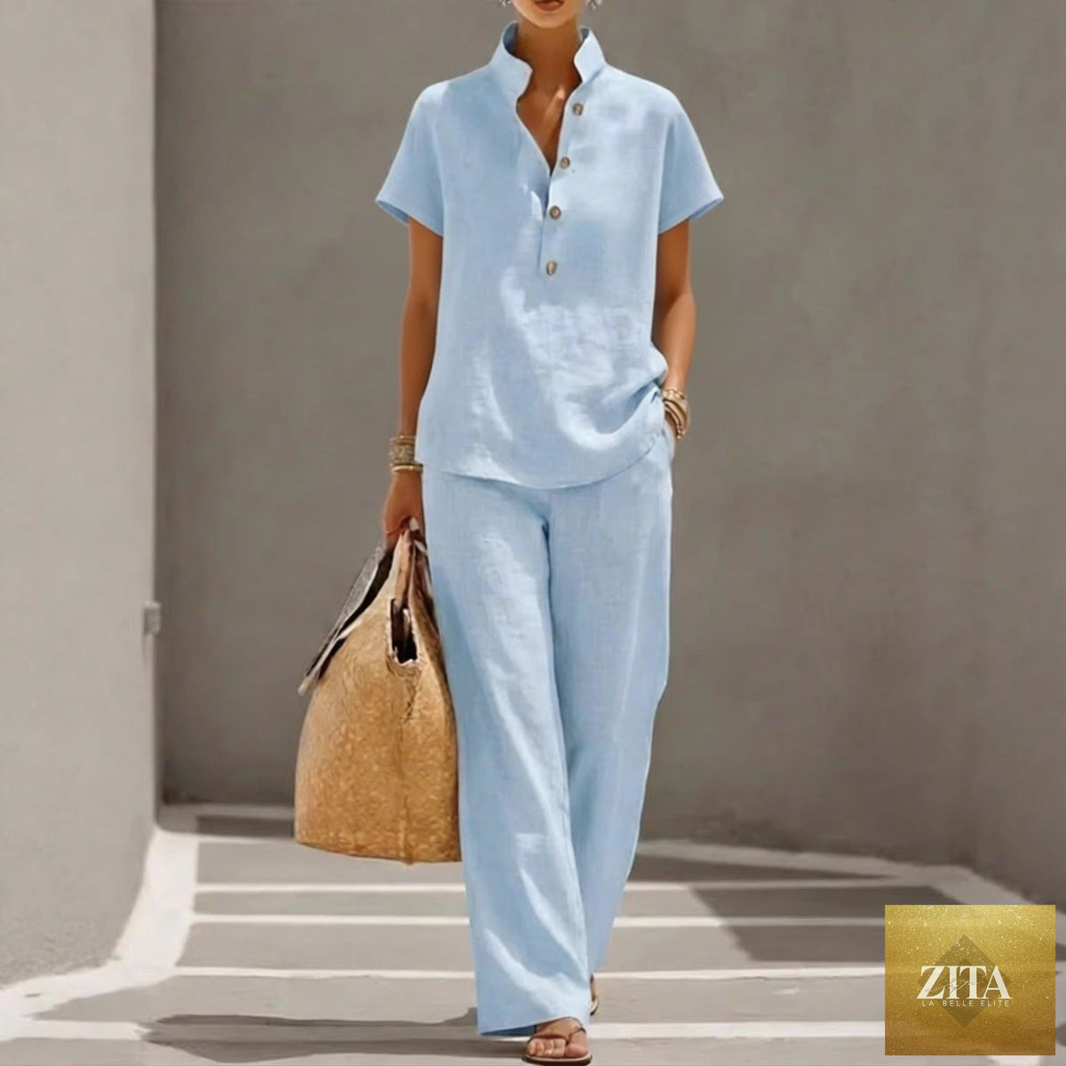 Zita La Belle Elite three-piece set featuring a solid cardigan, short sleeve top, and pants for casual lounge wear.